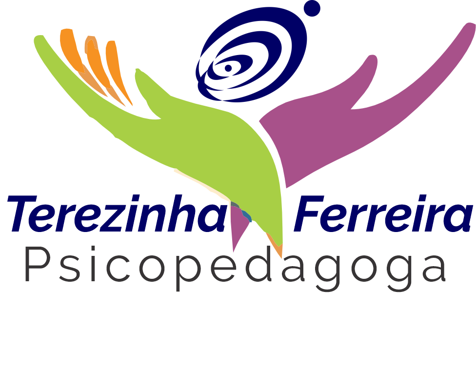 Logotipo da psicopedagoga Terezinha Ferreira, com mãos coloridas simbolizando acolhimento e cuidado.